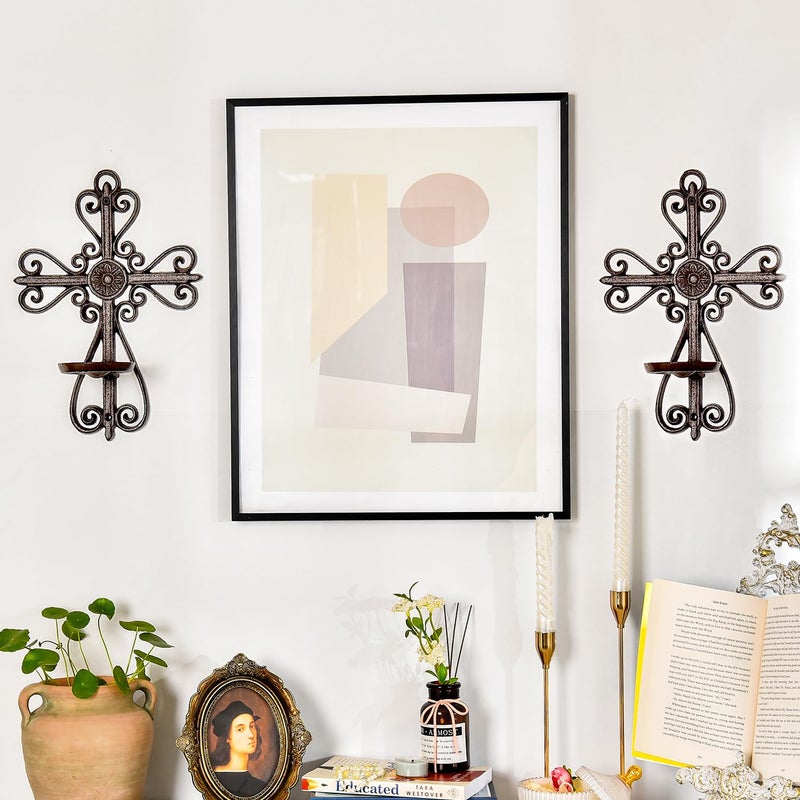 Sungmor Cast Iron Wall Candle Sconce, Decorative Wall Cross Candleholder Wall Mount Tealight Flameless Candle Stand, Wall Hanging Pillar Candle Holders Kitchen Dining Living Room Bedroom Patio Decor - Image 3
